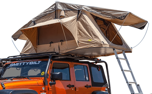 Roof Top Tents on the top of orange jeep