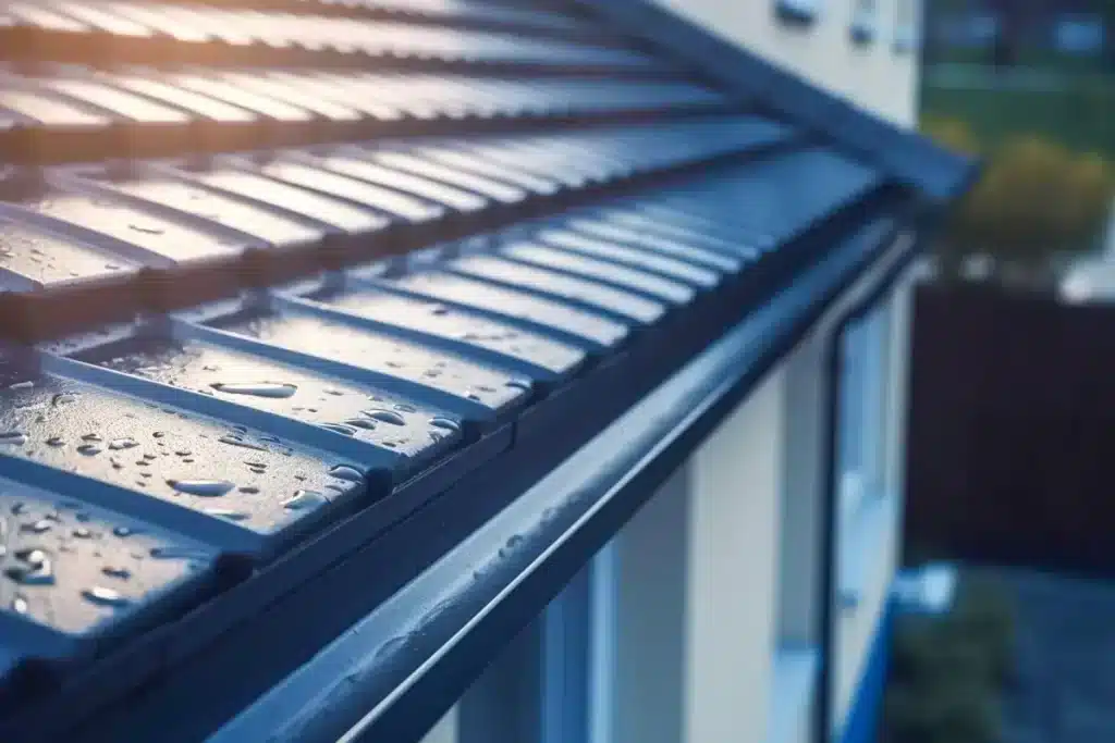 A side close view of a roof drip edge with water droplets on it