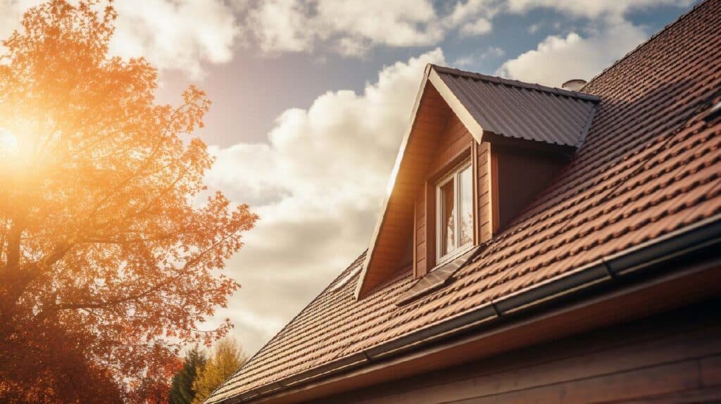 A sunlit view of a house roof deck with tree by the side