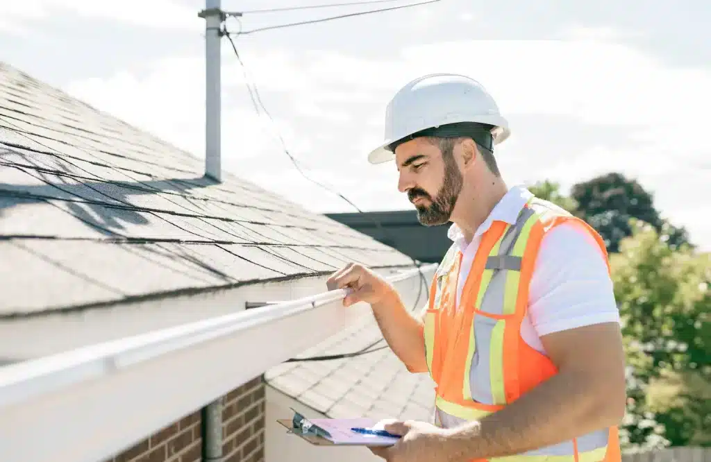 A view of a contractor reading the damages in a roof and recording them