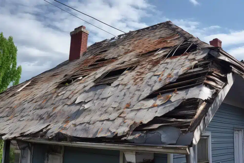 A view of a damaged roof top