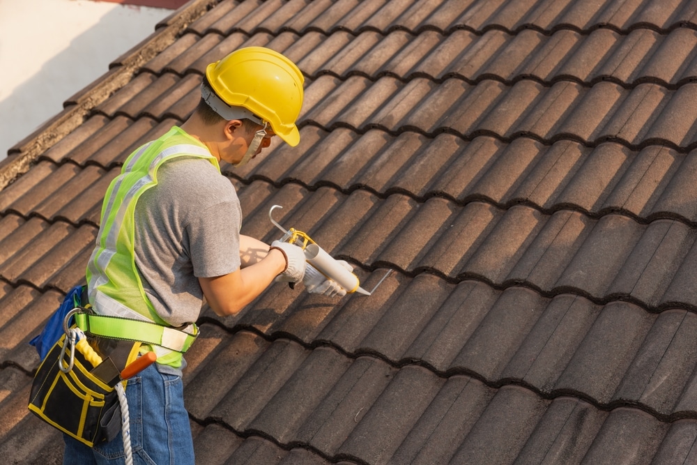 Worker Man Using Silicone Sealant Adhesive To Fix Crack Of