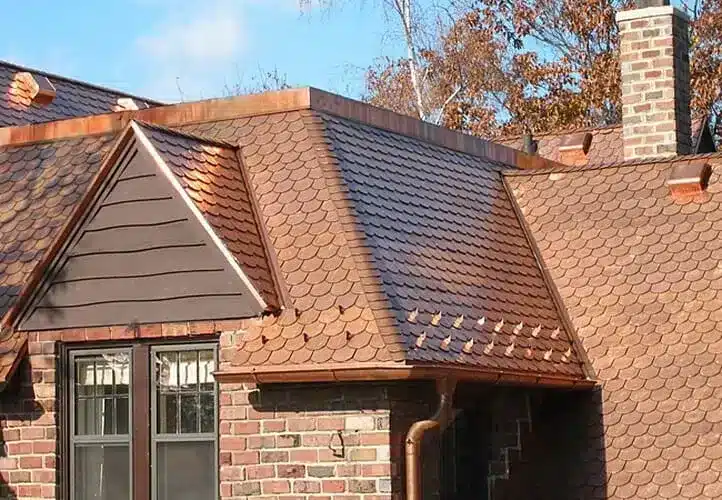 close up of a copper roof