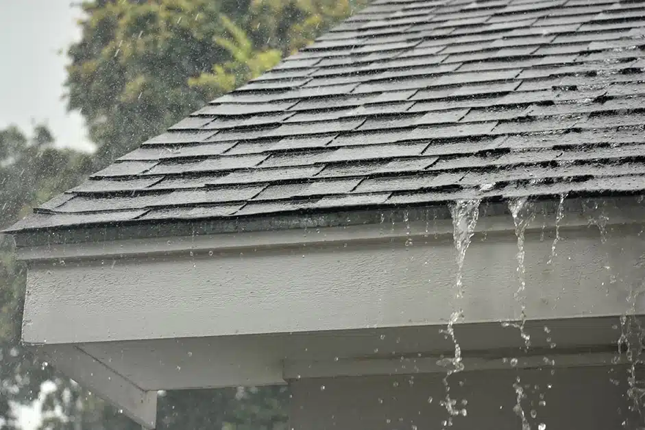 water pouring down a roof