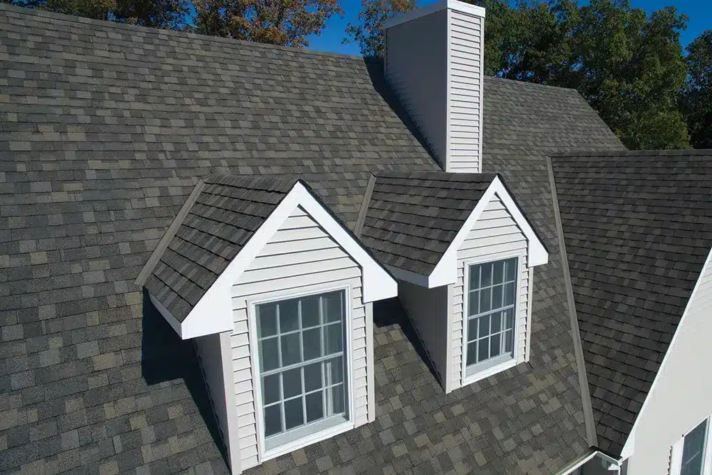 zoomed view of a roof with shingles