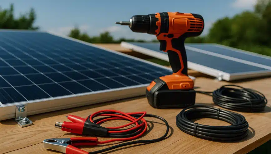 A solar panel with a cordless drill wiring and alligator clips on a wooden surface ready for installation A solar panel with a cordless drill wiring and alligator clips on a wooden surface ready for installation