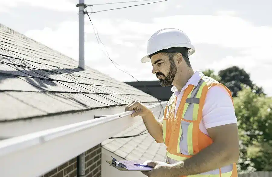 a professional roof expert checking gutter line on roof a professional roof expert checking gutter line on roof