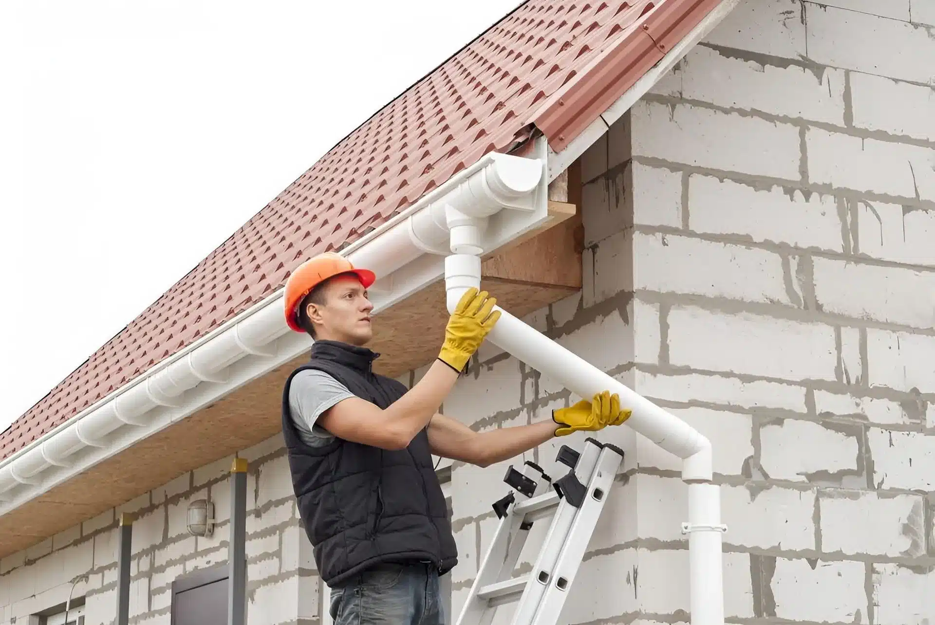 a roofing expert installing drain pipe on a roof a roofing expert installing drain pipe on a roof