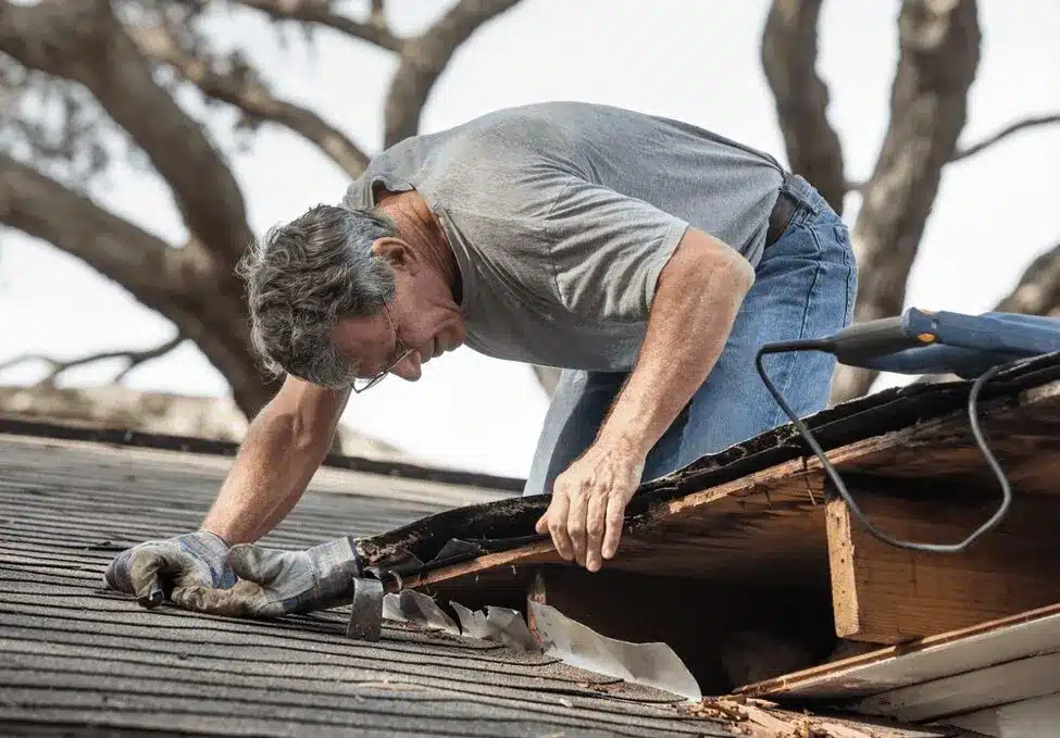 an expert roofer checking for leaks in roof an expert roofer checking for leaks in roof