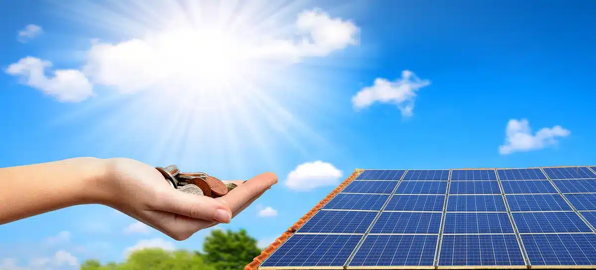 close up of a hand with coins on it solar panels behind close up of a hand with coins on it solar panels behind
